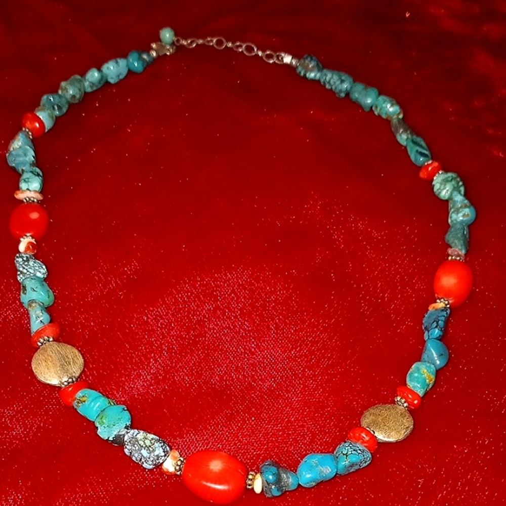 A Vintage Tribal Turquoise/ Coral Chocker Necklace.18" SB.48